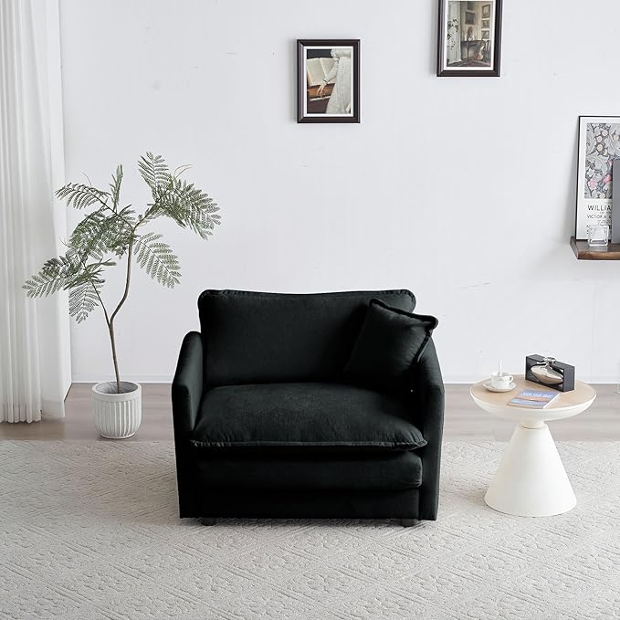 Black Chenille Accent Chair with Ottoman Comfy Armchair Reading Chair for Living Room Bedroom Modern Home Office Seating
