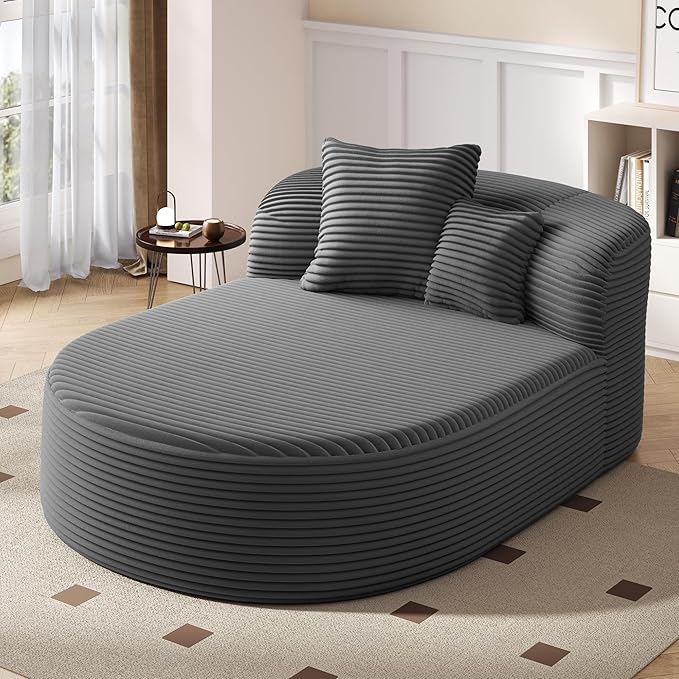 Modern Corduroy Fabric Chaise Lounge Chair Indoor Boneless Couch 51.6 Sofa Bed with Two Supportive Pillows for Living Room Office (Gray/R1)