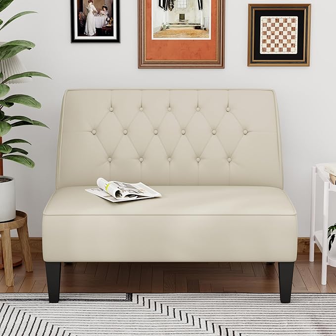 Alunaune Upholstered Loveseat Bench Couch for Bedroom Modern Anti Scratch Cushioned Armless Settee Small Love Seat Sofa Faux Leather Living Room Couch-Beige