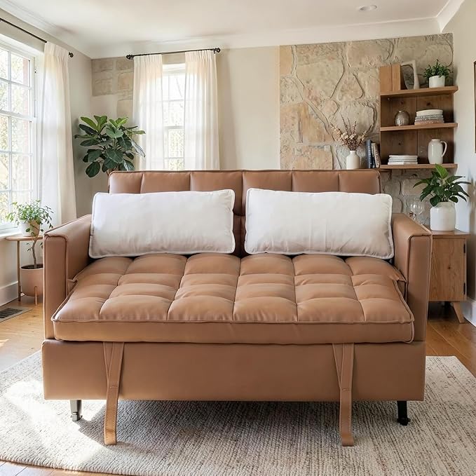 3 in 1 Convertible Sofa Bed Love Seat Sleeper Bed with Side Pockets PU Fabric Pull Out Couch with Adjustable Backrest for Living Room Bedroom Apartment Brown