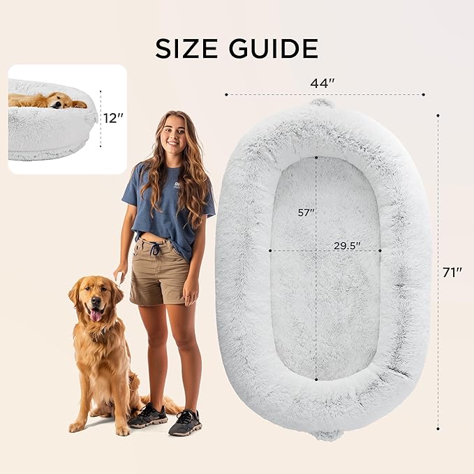 Bedsure Calming Human Dog Bed 71 x 44 x 12 Giant Human Dog Bed for Adults People Fits Pet Families with Storage Pocket Fluffy Faux Fur Orthopedic Pet Bean Bed Frost Grey