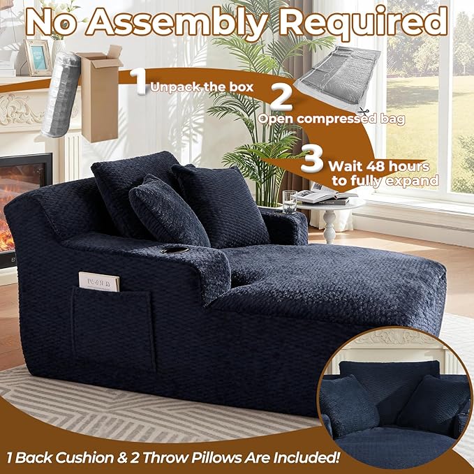 Avenix 66 Boneless Oversized Chaise Lounge Chair Indoor Boneless Chaise Lounge Chairs Cloud Sleeper Sofa Couch Bed with 3 Pillows for Living Room Fluffy Boneless Oversized Reading Chairs Dark Blue