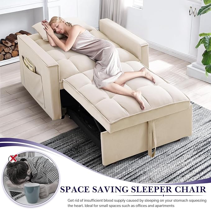 Antetek Sleeper Sofa Chair Bed Convertible Velvet Single Pull Out Sofa Chair Modern Tufted Living Room Reading Chair with Adjustable Backrest/Pillow for Small Spaces Apartment Office Beige