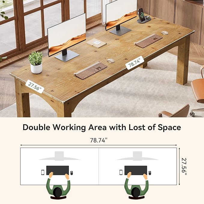 Solid Wood 2-Person Desk 79-Inch Extra Long Desk Double Computer Writing Table Farmhouse Large Table Writing Workstation for Home Office Natural Brown