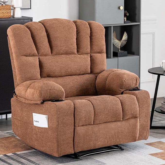 Oversized Power Lift Rocker Recliner Chair with Massage Heat for Elderly Adults Ergonomic Rocking Lounge Sofa Chair for Living Room Comfy Overstuffed Recliner with Side Pockets Cup Holders (Brown)