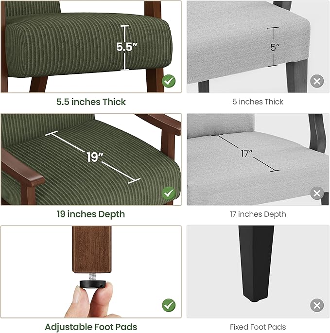 Yaheetech Corduroy Accent Chair Mid-Century Modern Armchair with Solid Wood Legs Reading Leisure Chair with High Back for Living Room Bedroom Waiting Room Set of 2 Dark Green