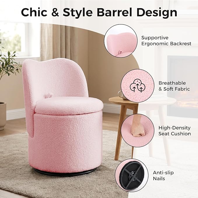 Swivel Teddy Vanity Chair with Storage Upholstered Vanity Stool with Back Sherpa Vanity Stool Chair Round Makeup Chair Swivel Accent Chair Barrel Armchair Soft Padded Seat for Living Room Bedroom