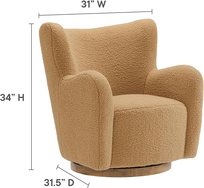 Modway Montrose Swivel Wingback Accent Chair in Camel Walnut Sherpa Teddy Fabric – Modern Furry Barrel Chair with 360-Degree Swivel Base – Soft and Comfy Living Room Chair