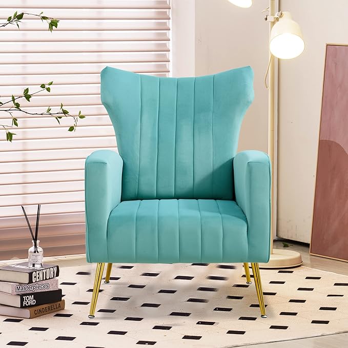 Modern Velvet Accent Chair with Arms Wingback Reading Chair with Gold Metal Legs Comfy Upholstered Single Leisure Sofa for Living Room Bedroom Club(Velvet+Blue)