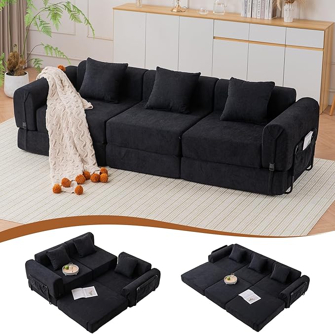 Cloud Modular Sectional Sofa Foldable Floor Couch Bed Convertible Sleeper Sofa Bed Fold Out Boneless Couches for Living Room Office Guest Room Apartment (3 Seater Couch Black)