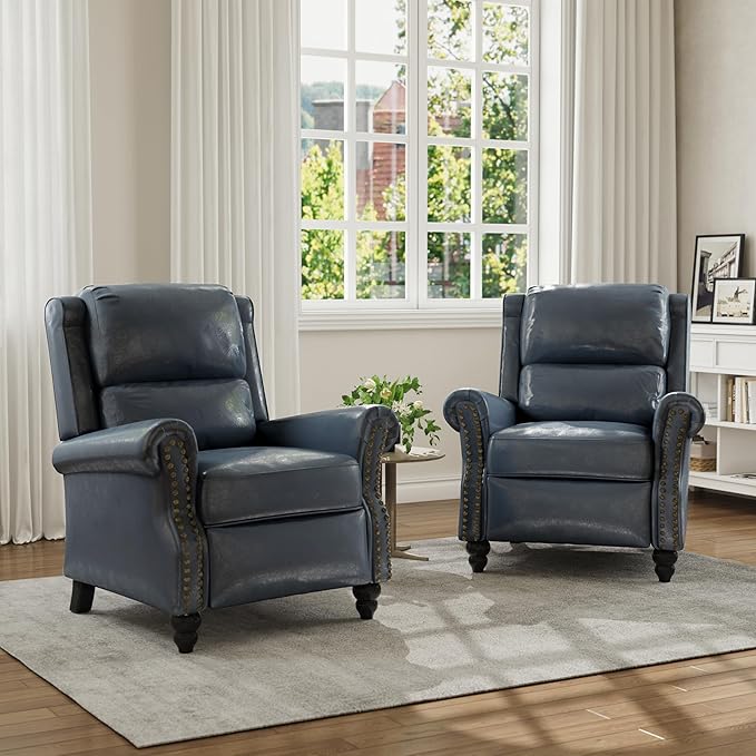 Faux Leather Recliner Chair Modern Pushback Armchair with Adjustable Backrest &amp Footrest for Bedroom Living Room (Dark BlueSet of 1)