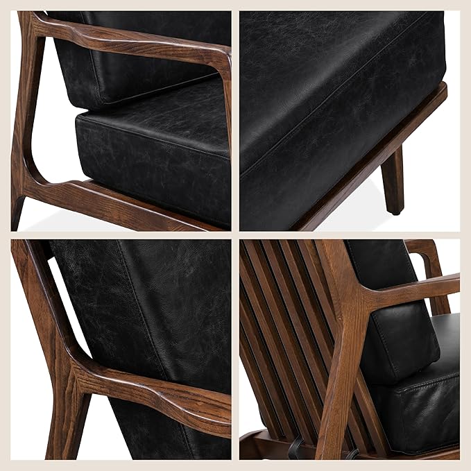 Poly &amp BARK Verity Leather Accent Chair – Armchair with Walnut Wood Frame – Fashion-Forward Lounge Seating for Living Room – Upholstered in Midnight Blue Leather for Modern Style