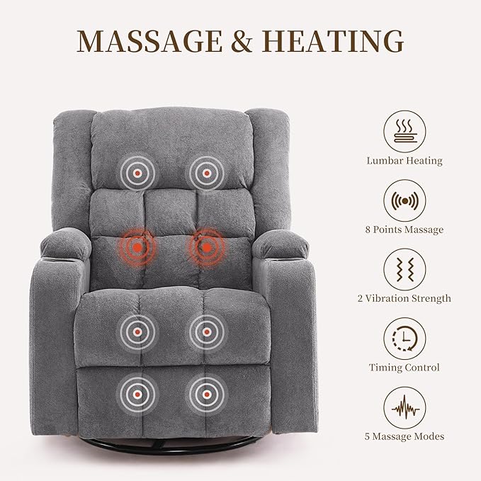 Furnimart 360° Swivel Rocker Recliner Chair for Adult Manual Recliner Chair with Massage and Heat Chenille Glider Rocker Chaise Lounge for Living Room Bedroom Home Theater (Gray)