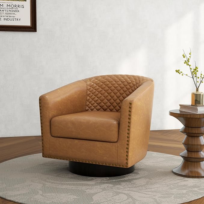 Swivel Barrel Accent Chair Comfy Modern Upholstered Round Faux Leather Arm Chair for Living Room Bedroom（Coffee Set of 1