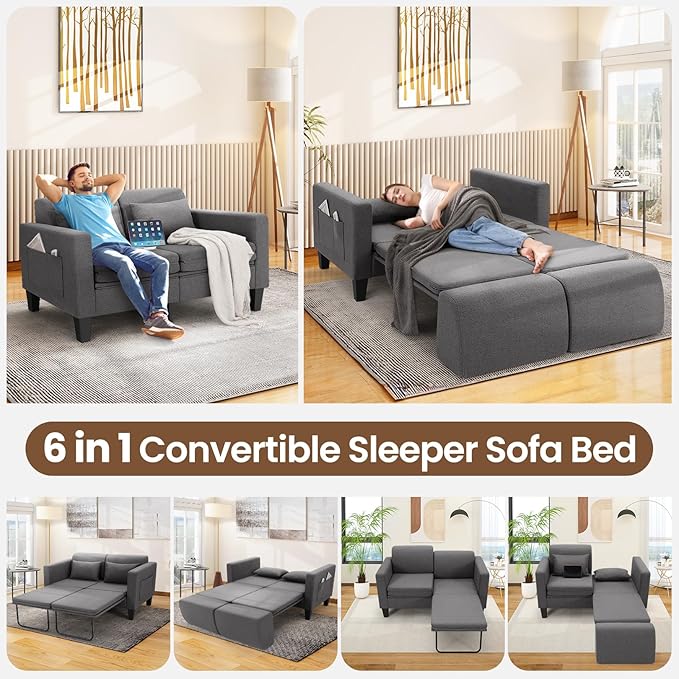 SEJOV 6-in-1 Convertible Sofa Bed 58 Loveseat Sleeper Sofas with Pull Out Couch Bed Removable Backrest Storage Pockets and 2 Pillows Modern Folding Linen Futon Couch for Small Spaces Gray