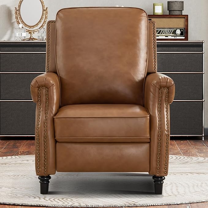 CANMOV Push Back Recliner Chair Set of 2 Genuine Leather Pushback Reclining Chair with Padded Seat Wingback Recliner with Rivet Decoration Single Sofa Recliner for Living Room Apartment Brown