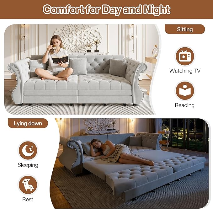 KEIKI 97.6 Chesterfield Sleeper Sofa with Pull Out Bed for Guests Oversized Velvet Couch with Rolled Arms &amp Tufted Upholstery for Hosting