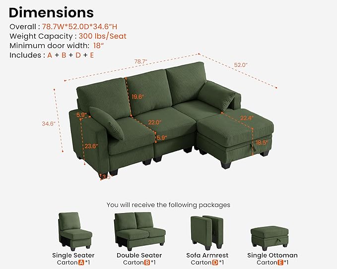 CHIC HOUSE Corduroy Modular Sectional Couch with Ottoman Chaise L/U Shaped Sleeper Sofa for Living Room Apartment Lounge Modern Armrest Neck Support Furniture (4 Seater Sectional Green)