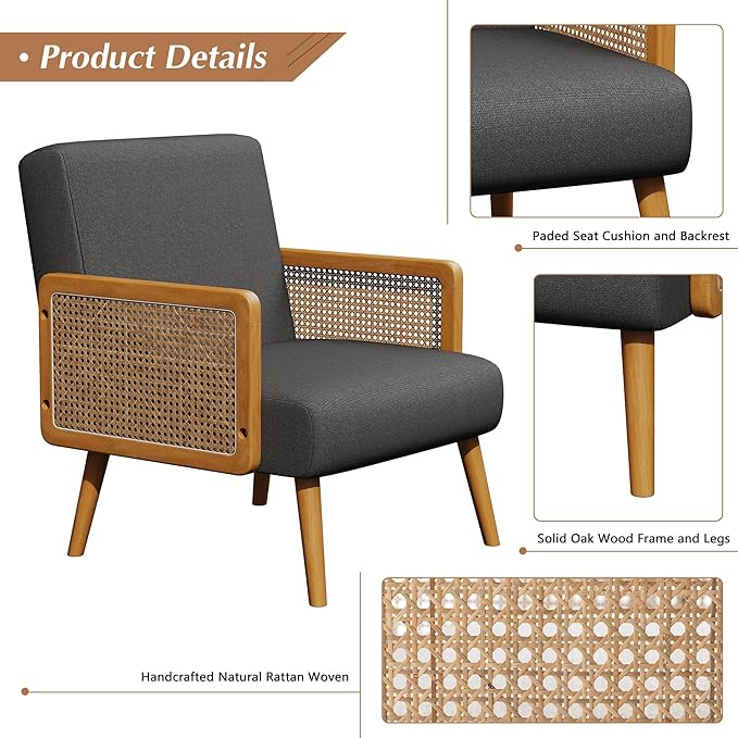 Yongqiang Black Linen Accent Chairs Set of 2 Natural Rattan Upholstered Arm Chairs for Bedroom Living Room Side Chairs Comfy Reading Chair