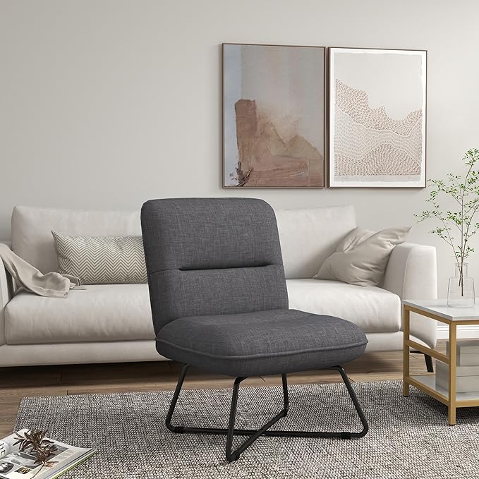 Armless Accent Chair Upholstered Slipper Chair for Living Room with Crossed Steel Legs Dark Gray
