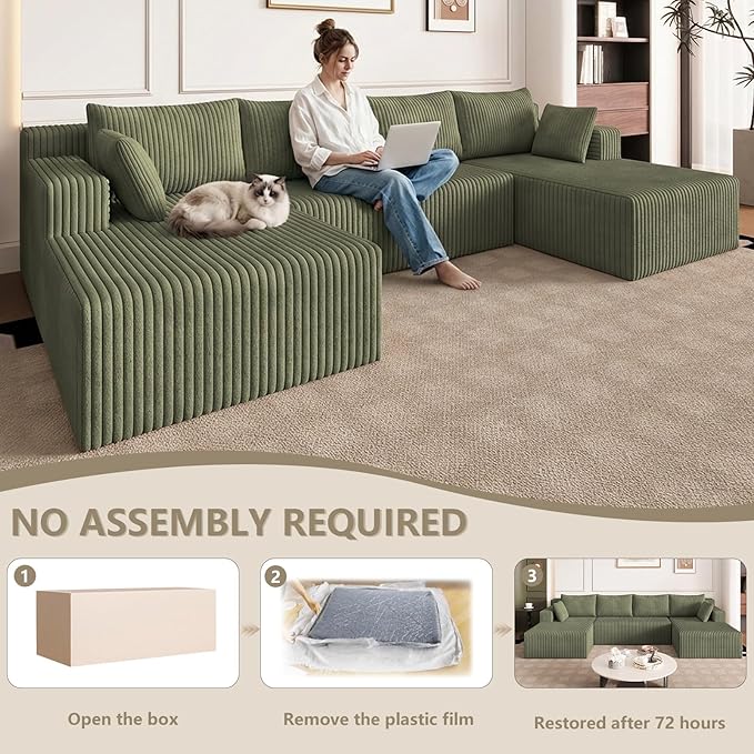 124 U Shaped Cloud Couch Sectional Corduroy Upholstered 4-Seater Cloud Couches for Living Room Deep Seat Modular Boneless Sofa with Lounge Chaise No Assembly Required Green