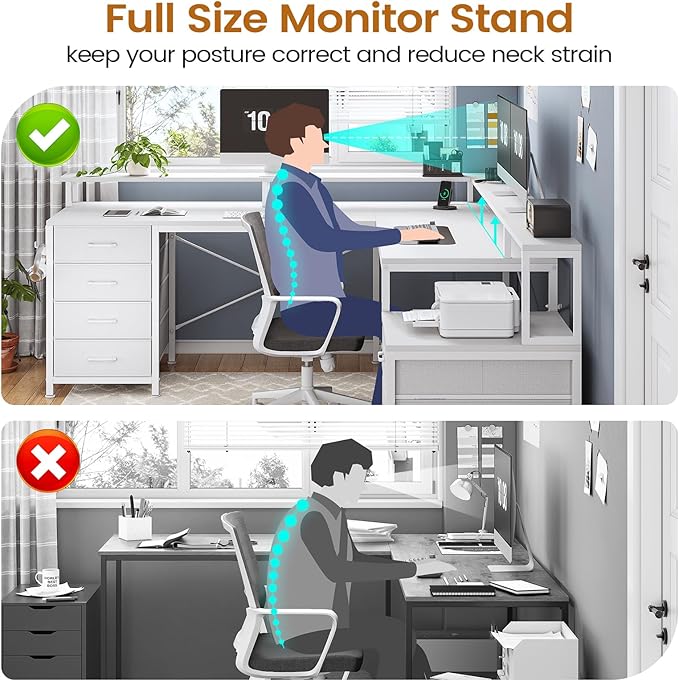 SEDETA L Shaped Desk with 6 Drawer 108 Home Office Desk with File Drawer &amp Power Outlet Corner Computer Desk with Monitor Shelf File Cabinet Two Person Desk Gaming Desk with Led Lights Whit