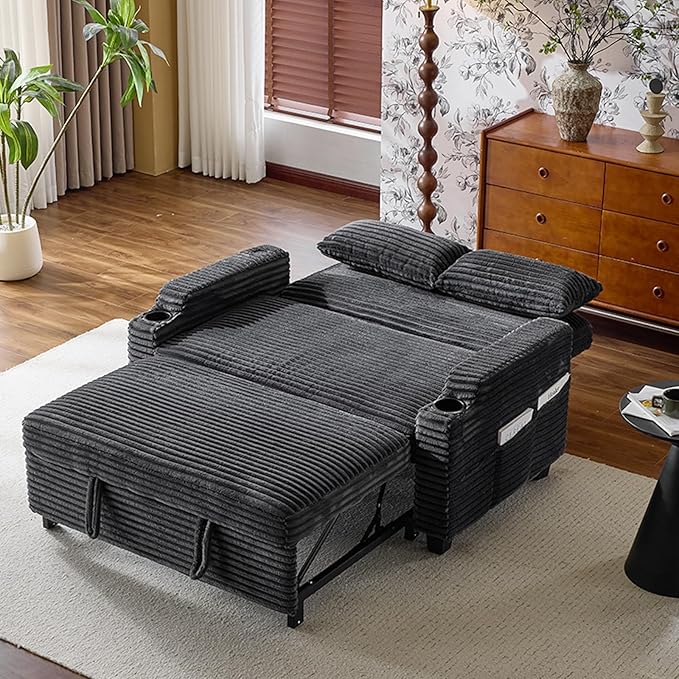 VINGLI Dark Gray Futon Sofa Bed Convertible Loveseat Sleeper Sofa Couch Corduroy Pullout Sofa Fold Out Couch Bed with USB Ports Cup Holders Armrest for Living Room Bedroom Apartment Room | Loveses