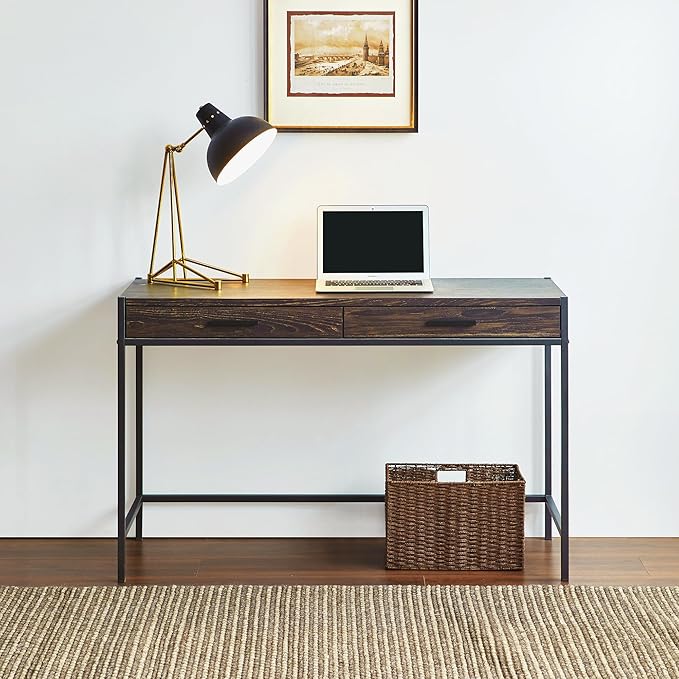 Caffoz 48 Dark Brown Writing Desk - 30KG Load Computer Desk with 2 Drawers &amp Storage Shelf 1-Person Easy Assembly Space-Saving Workstation for Home Office/Dorm/Bedroom Metal Wood Contemporary D