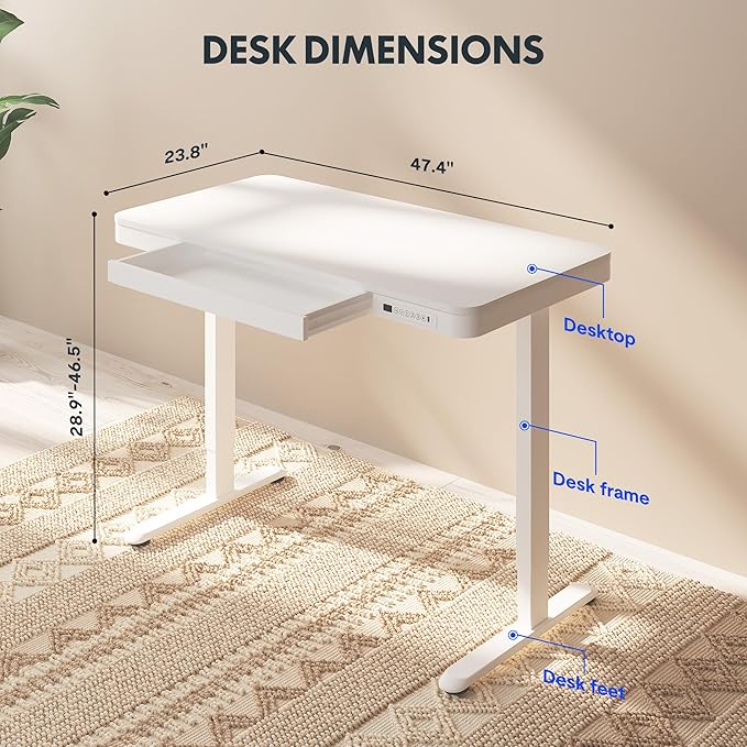 FLEXISPOT Comhar Electric Standing Desk with Drawers Charging USB A to C Port Height Adjustable 48 Whole-Piece Home Office Computer Laptop Table with Storage (White Top + Frame)