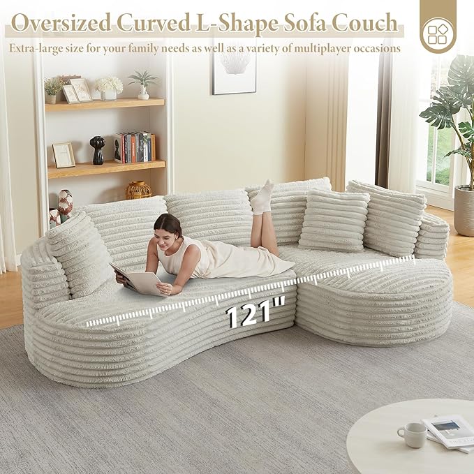 121 Modular Sectional Sofa Oversized Cloud Couch with Deep Seat L Shaped Sofa with Right Chaise Corduroy Boneless Sleeper Sofa Couch No Assembly Needed for Living Room Apartment Cream