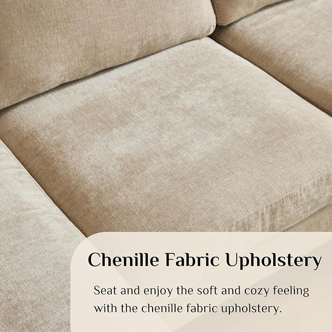 Karl home 111 Sectional Sofa U-Shaped 4-Seat Couch with Chaises Wood Grian Legs Chenille Fabric Upholstered for Living Room Apartment Office Khaki