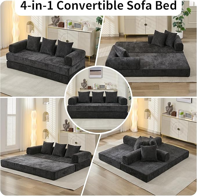 Compression Sofa Convertible Sofa Bed Modular Couch with Pillow Comfy Chenille Fabric Couch with Memory Foam Lounge Floor Sofa for Living Room Bedroom (Black)