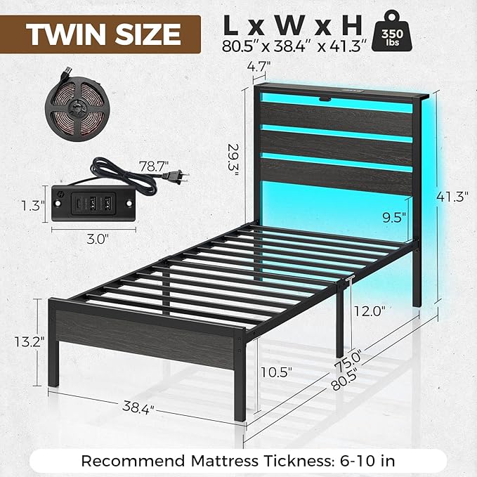 Rolanstar Bed Frame Twin Size with USB Charging Station LED Bed Frame with Wood Storage Headboard Black Metal Platform Bed with Under Bed Storage No Box Spring Needed Noise Free