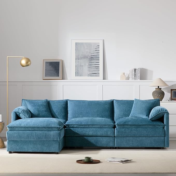 Modular Sectional Sofa 103.5 Inch L Shaped Couch for Living Room 4-Seater Comfy Chenille Cloud Couches with Movable Ottoman (Light Blue)