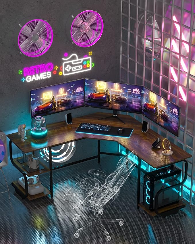 Teraves Modern L Shaped Desk with Shelves64.84 Computer/Gaming Desk for Home OfficeCorner Desk with Desktop (Teak+Black Frame Large+4 Tier Shelves)