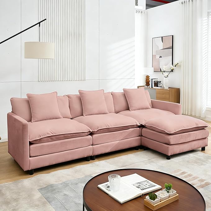 Modular Sectional Sofa108.27'' Modern Sofa Sleeper Couch with 3 Seat &amp 1 Ottoman &amp 3 pillows Sofa SetComfy Cloud Couches with Movable Ottoman Deep Seat Sofa for Living Room Chenille (pink L
