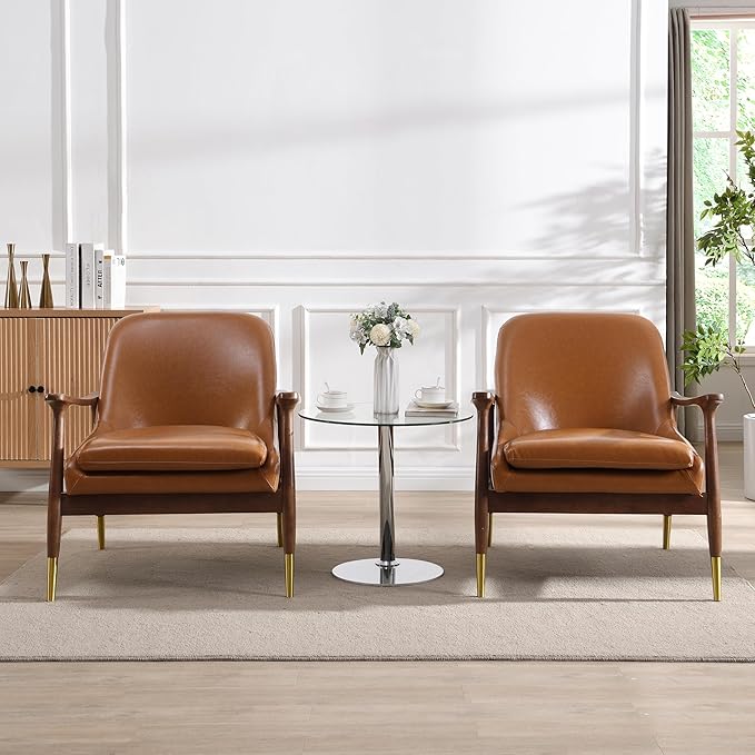 Christopher Knight Home Set of 2 Ashton Mid-Century Modern Faux Leather Accent ChairSolid Wood Club ChairErgonomic Cushion SeatCozy Lounge ChairReading ChairLiving Room/Bedroom/Office Brown