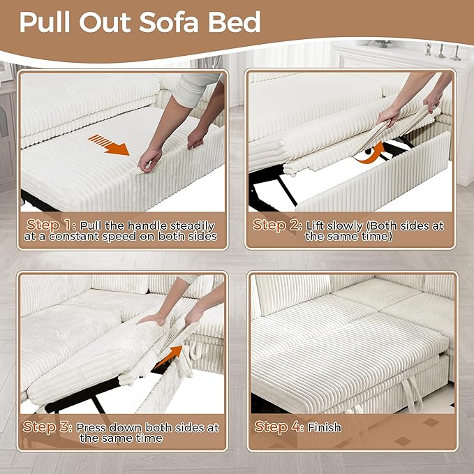 Modular Sectional Sleeper Sofa with Pull Out Bed Plush Corduroy L Shaped Couch with Storage Chaise USB Ports Cup Holders Comfy Cloud Couches for Living Room White