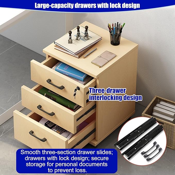 3-Drawer File Cabinet Mobile Filing Cabinet with Lock Under Desk File Organizer for Home Office Fits Letter/Legal/A4 Files Under Desk Fully Assembled Except Casters(Wood Color)