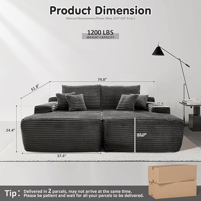 ovios 75 Oversized Sectional Double Lounge Chaise with Cloud Plush Sofa Bed No Assembly Required Fluffy Modern Sleeper Loveseat Chair for Indoor Living Room Bedroom Reading Black (Plush Fabric)