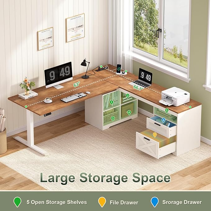 Farmhouse L Shaped Standing Desk 66 inch Corner Electric Standing Desk with Drawers ＆ Storage Shelves Height Adjustable Computer Desk with Power Outlets for Home Office Antique White