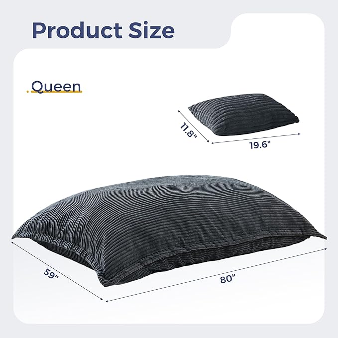 MAXYOYO Giant Bean Bag Chair with Pillow 3 in 1 Convertible Bean Bag Chair for Adults with Washable Cover Removable Floor Cushion Stuffed Floor Lounger for Living Room Bedroom Dark Grey Queen