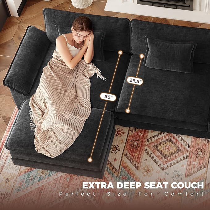 HUSFU 154 Cloud Couch Modular Sectional Sofa with Ottoman 4-Seat Modern Chenille Upholstered U-Shaped Deep Seat Sofa Couch for Living Room Bedroom and Apartment Black
