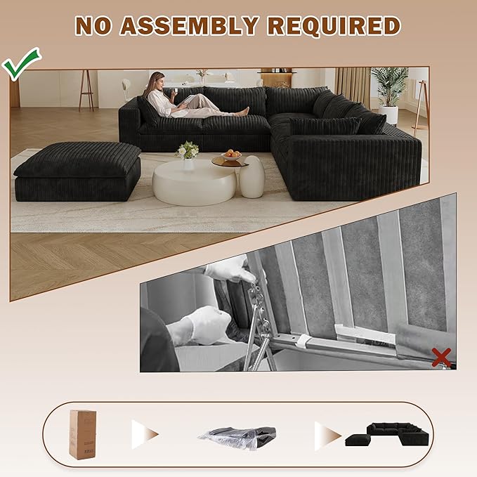 118.2 Modern V Shaped Corner Sofa Comfy Modular Sectional Cloud Couch with Plush Corduroy Fabric Deep Seat Upholstered Sofa Boneless Couches for Living Room No Assembly (Black + Ottoman)