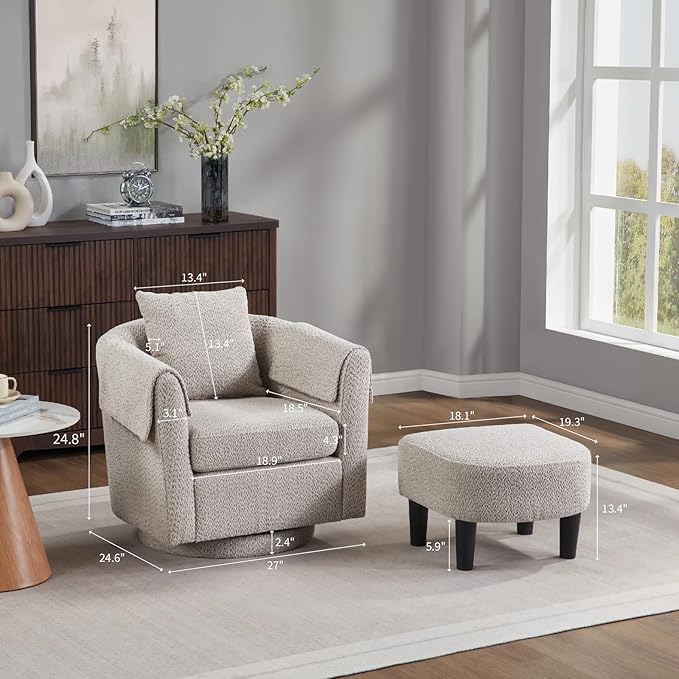 Swivel Accent Chair with Ottoman Modern Chenille Comfortable Bucket Chair with Removable Pillow Small Couch Barrel Armchair for Small Spaces Living Room Bedroom Office (Gray)