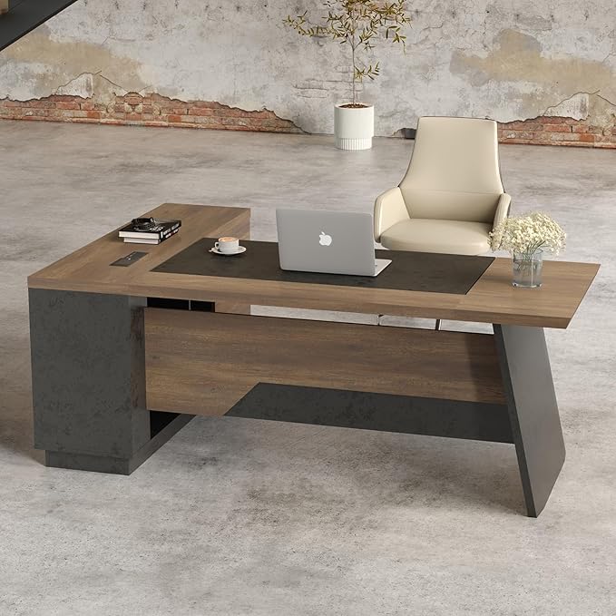 L Shape Executive Desk Large Office Desk with Drawers &amp Shelves 78.74 Inches Industrial Wooden Desk with Storage Modern Computer Desk for Home Office Black and Brown Left Side