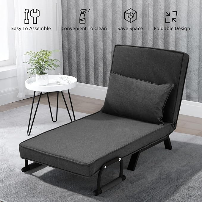 Folding Sofa Bed Sleeper Chair3-in-1 Single Convertible Sofa with Adjustable BackrestLazy Bed Leisure Recliner with PillowTri-fold Upholstered Armchair (Dark Gray Large)