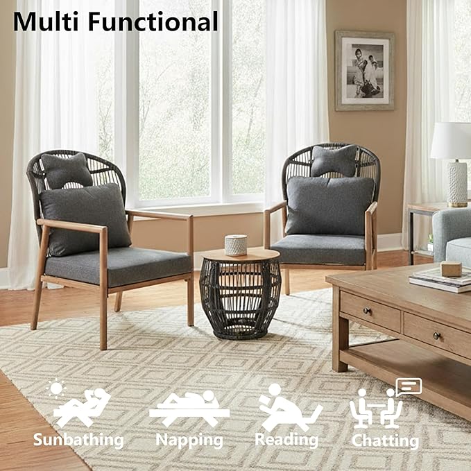 DAYRAUS Living Room Chairs Accent Chairs Set of 2 with Coffee Table Rattan Braid Arm Chair Comfy Reading Lounge Chair 3 Pieces Living Room Furniture Sets Bedroom Armchair for Outdoor Dark Gray