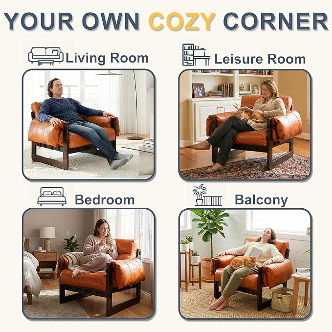 Mid Century Modern Accent Chair Leather Reading Chair with Solid Wood Frame and Removable Padded Armrests Upholstered Armchair for Living Room Balcony Lounge Reading Room Retro Orange