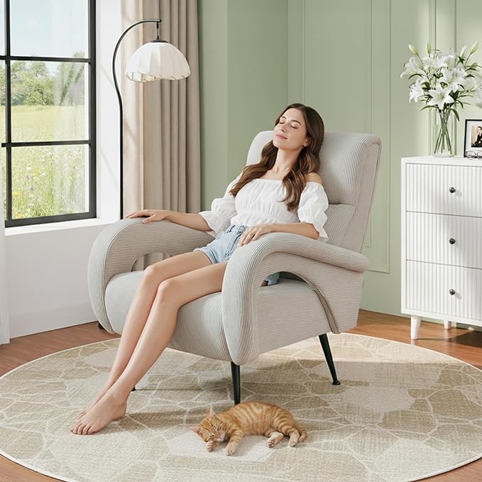Modern Accent Chair Reading Chair with Corduroy Fabric Upholstered and Hight Backrest Single Sofa Chairs for Living Room Apartment Bedroom and Small Spaces. (Beige)